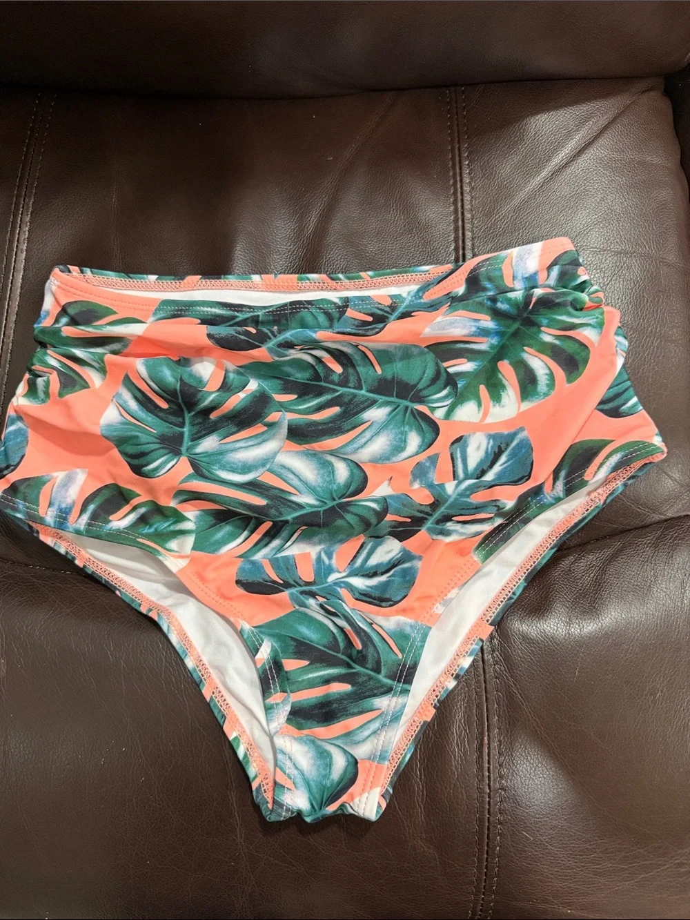 High-Waist Tropical Leaf Bikini Bottoms - Coral & Green